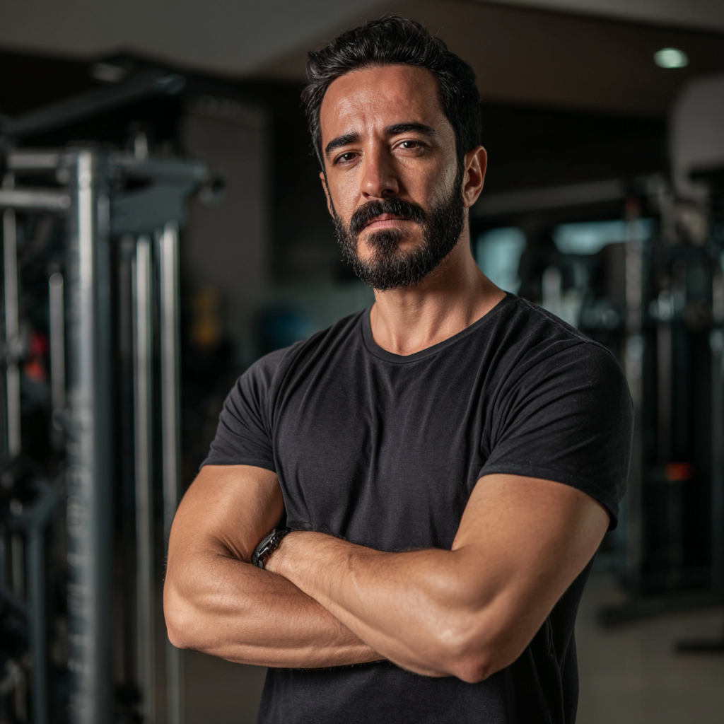 Gülümseyen Türk fitness antrenörü, kas geliştirme ve kondisyon antrenmanlarında uzman, 35-40 yaş arası erkek koç