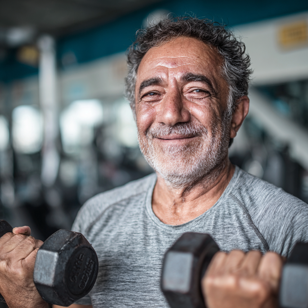 Gülümseyen orta yaşlı Türk erkek antrenör, fonksiyonel antrenman uzmanı, güçlü vücut yapısı, 40-45 yaş arası